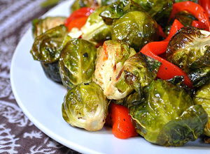 Roasted Brussels Sprouts with Red Pepper Strips